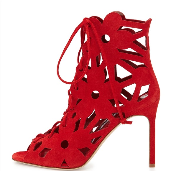 Manolo Blahnik Kahika Laser-Cut Flower Bootie, Red - Picture 2 of 8